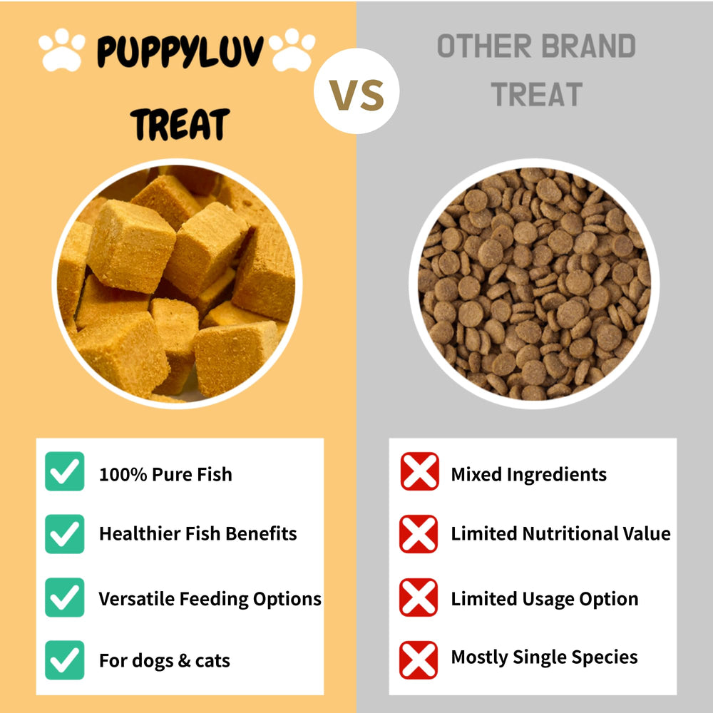 Puppyluv emballage friandise saumon lyophilisée, pratique pour l'entraînement quotidien.