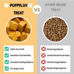 Puppyluv emballage friandise saumon lyophilisée, pratique pour l'entraînement quotidien.