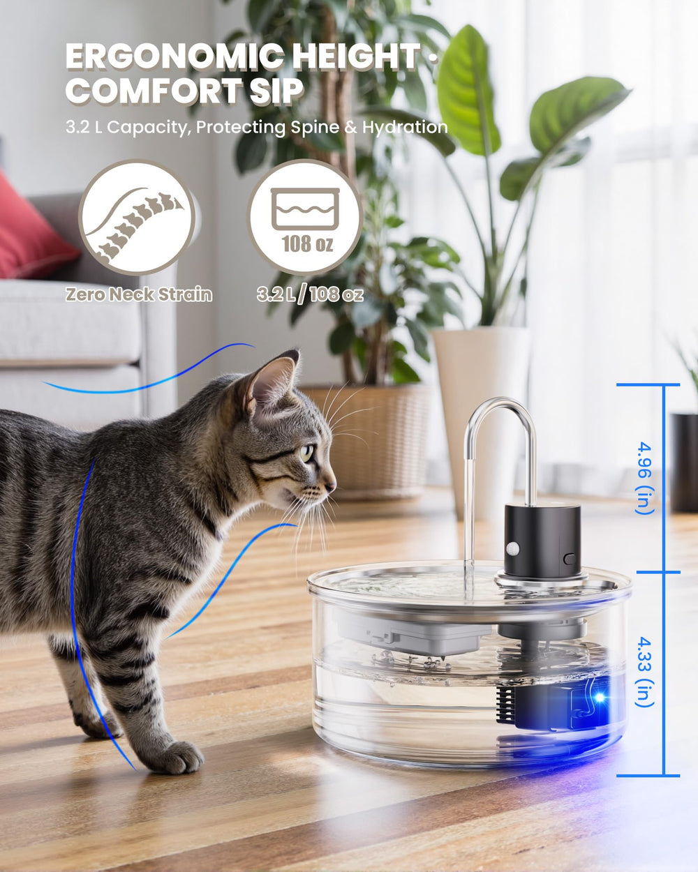 Puppyspout fontaine-chat-verre-window-verification-niveau: vérification facile du niveau d’eau sans ouverture.