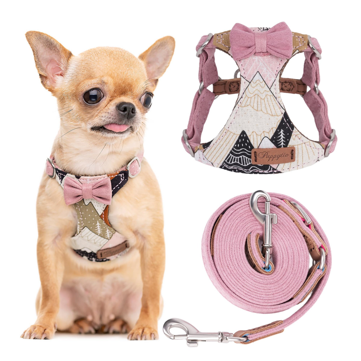 Harnais Puppytie anti-tirage XS sur petit chien, confort et sécurité.
