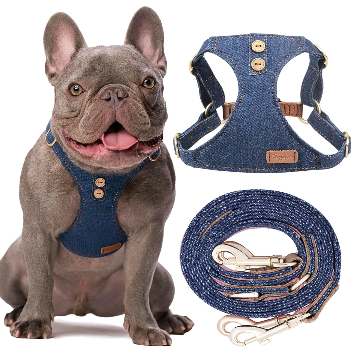 Harnais Puppytie pour petit chien denim bleu avec anti-tirage confortable.