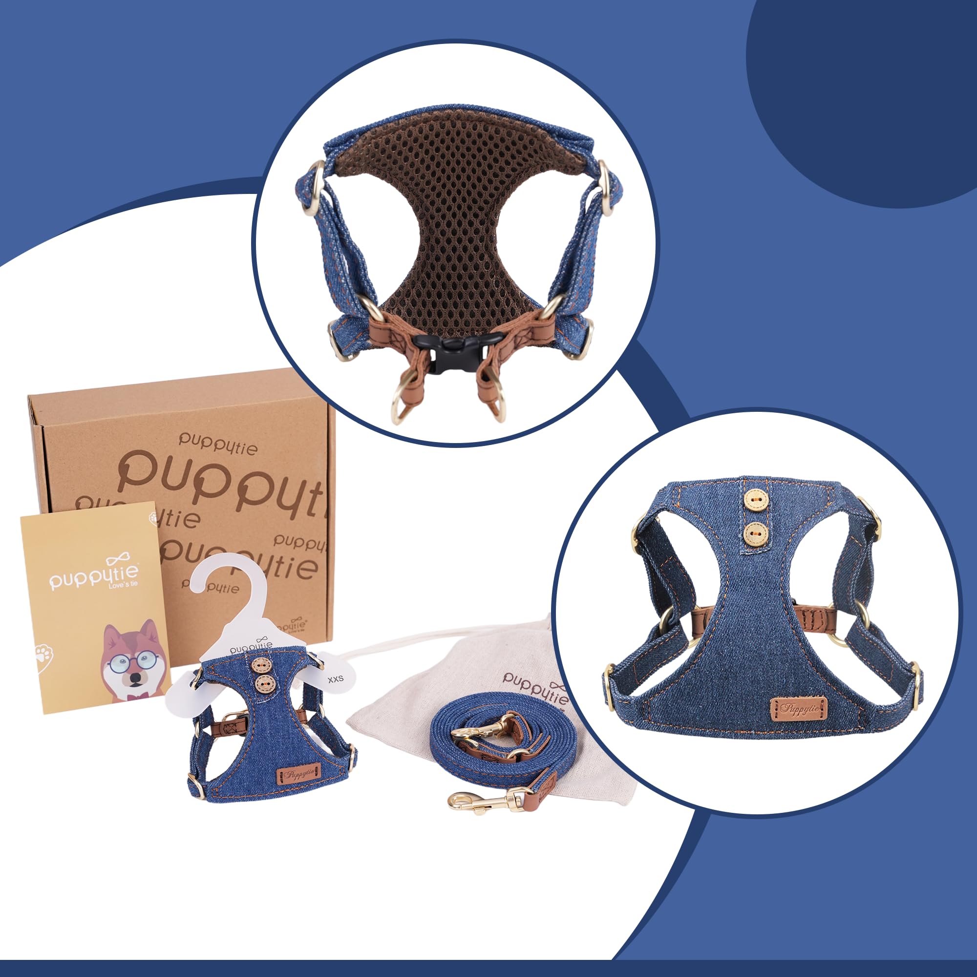 Harnais doux et ajustable Puppytie pour chien de petite taille en denim bleu.