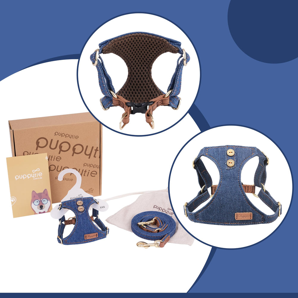 Harnais doux et ajustable Puppytie pour chien de petite taille en denim bleu.