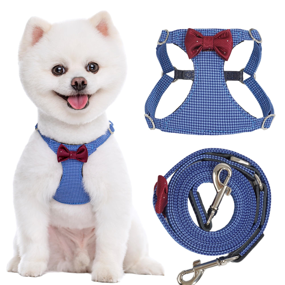 Harnais Puppytie anti-traction pour petit chien plaid bleu, confort et sécurité