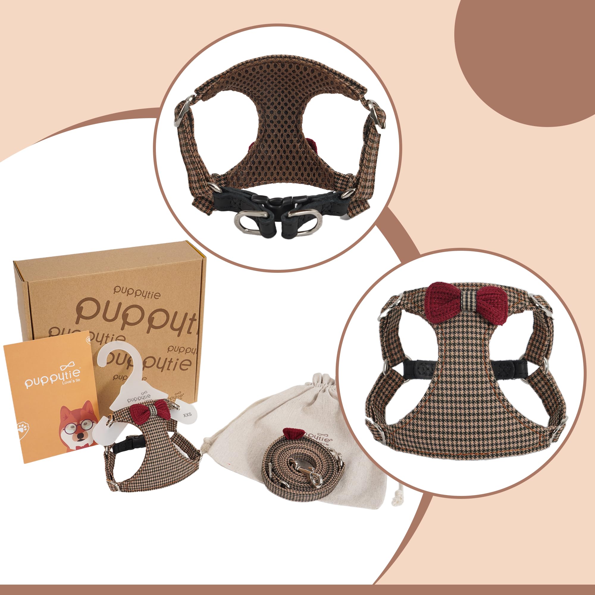 Harnais Puppytie tricot marron, design élégant et doux pour la peau.