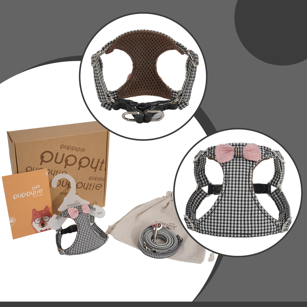 Harnais tricot noir et blanc Puppytie pour petit chien élégant et confortable.