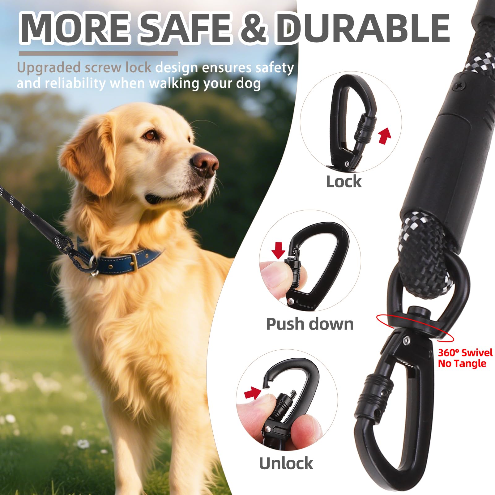 Laisse PUPTECK réfléchissante avec poignée douce et anneau porte-accessoires.