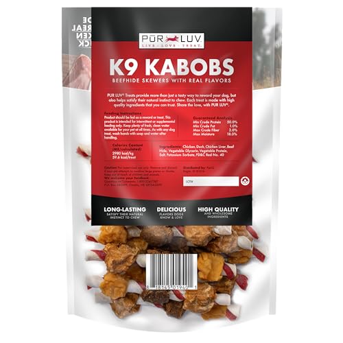 Pur Luv K9 Kabobs foie et poulet, saveur gourmande et protéines.