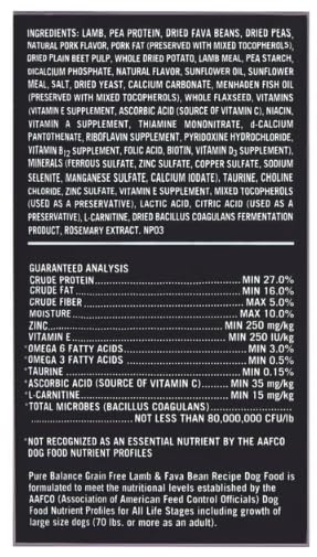 Étiquette Pure Balance détaille les ingrédients et nutriments essentiels.