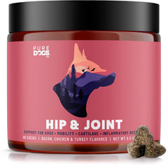 PURE DOGS CO. Emballage clair des bouchées articulations, pratique pour garder le produit à portée de main.