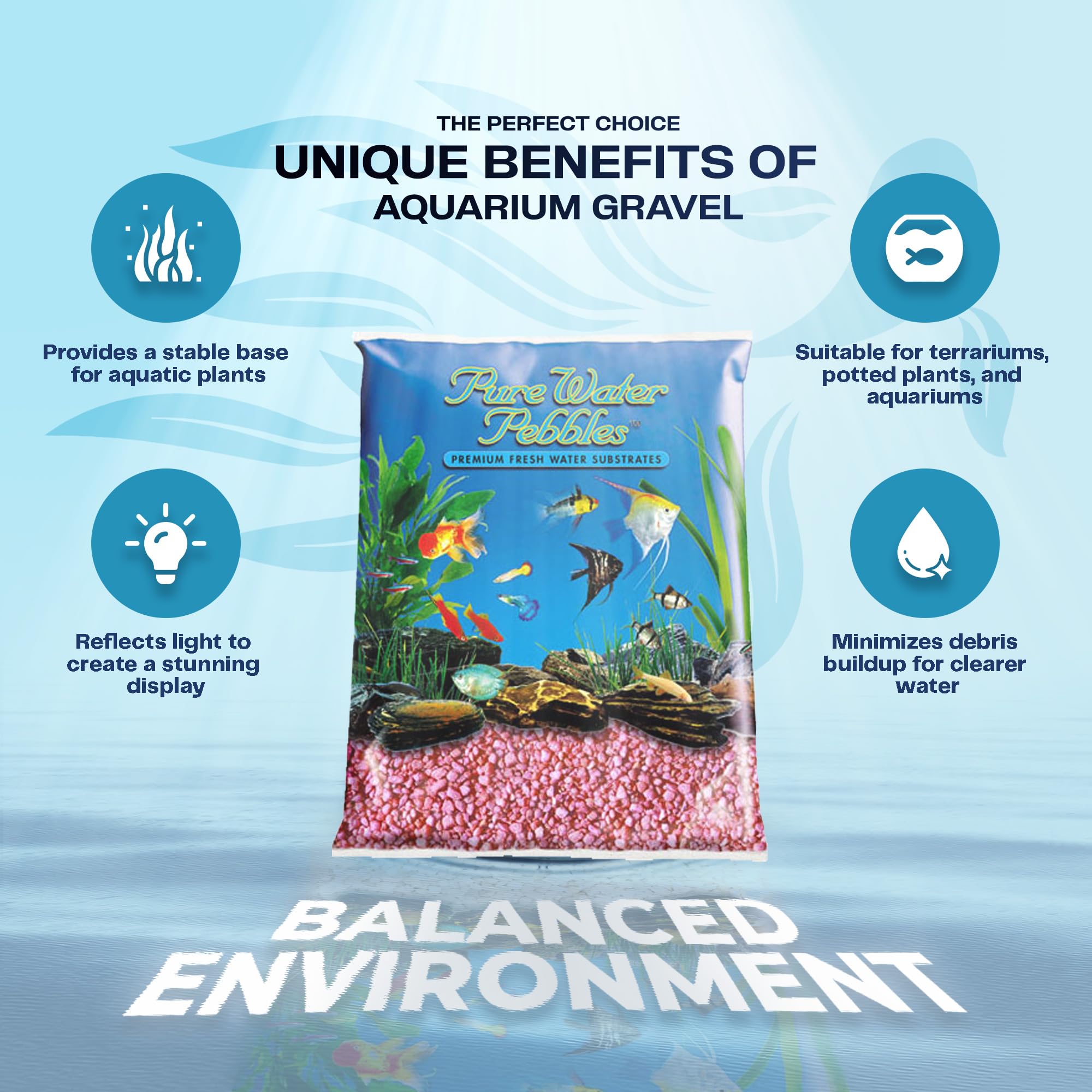 Pure Water Pebbles gravier néon rose pour substrat, stabilise la mise en place des plantes.