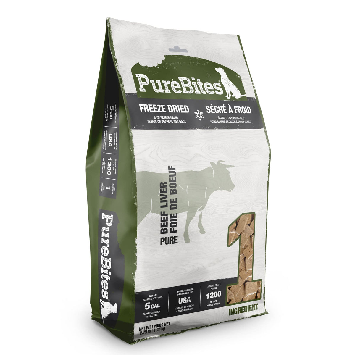 PureBites Boeuf Foie Séché en sachet pratique, récompense naturelle pour chien.