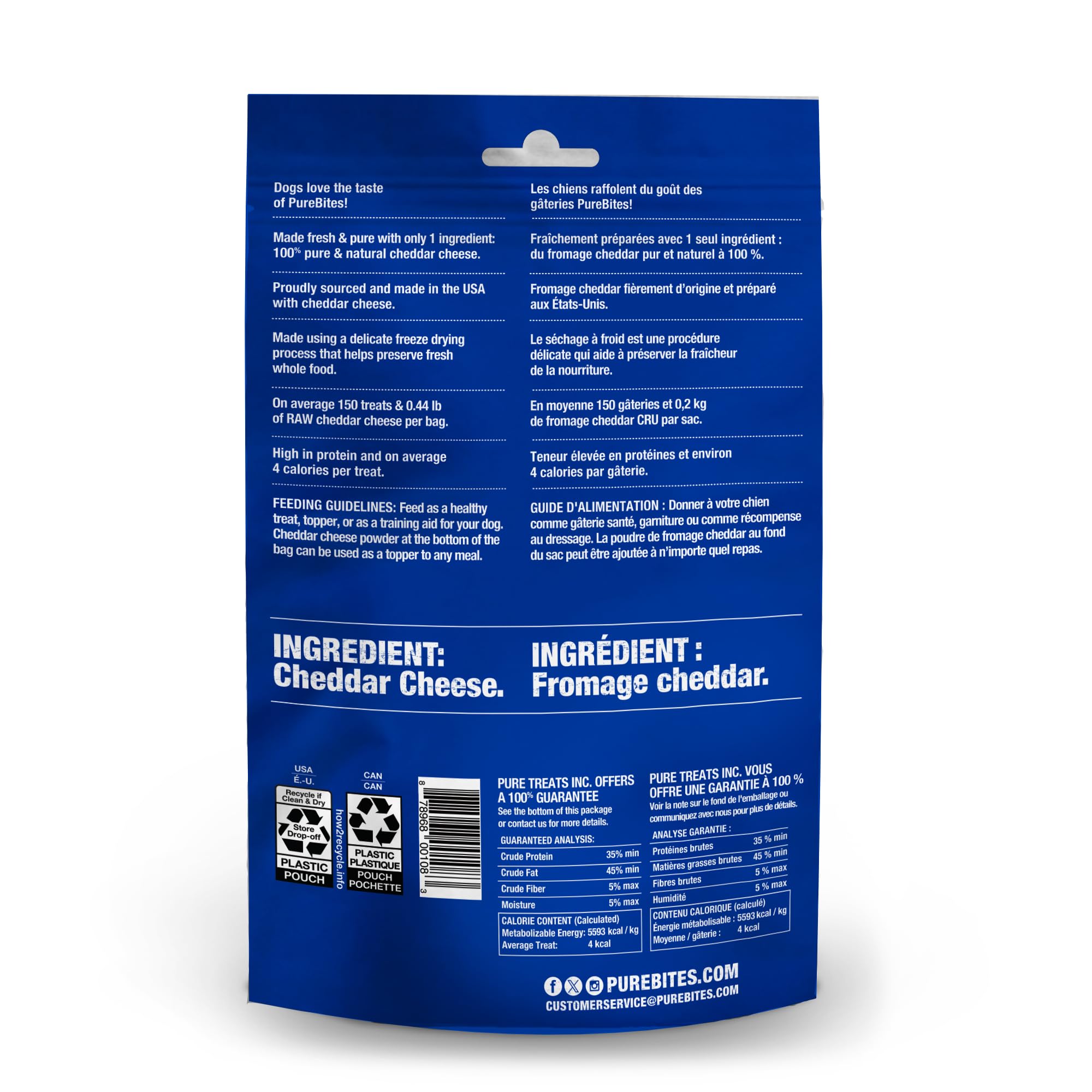 PureBites cheddar; gros plan sur morceaux de fromage séché et protéiné.