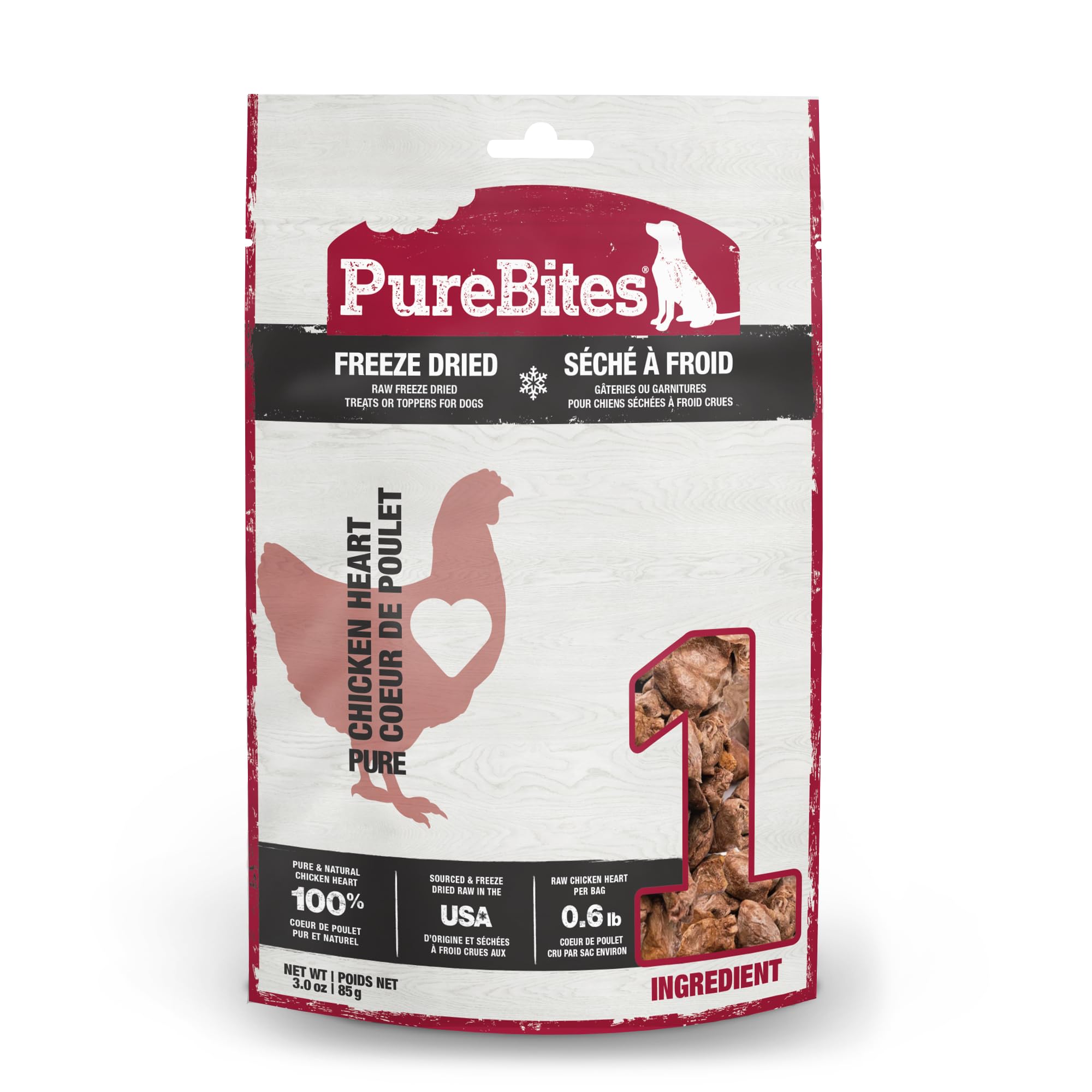PureBites Cœur de poulet lyophilisé, sachet 3oz, riche en protéines pour chien.