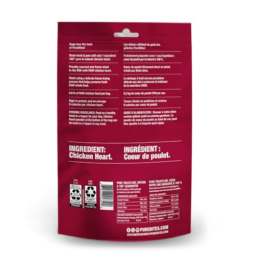 PureBites Coeur de poulet lyophilise, sachet ouvert, portion facile pour l'entraînement.