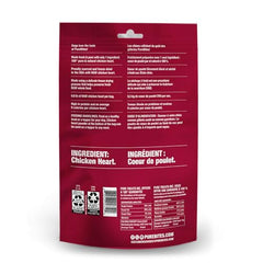 PureBites Coeur de poulet lyophilise, sachet ouvert, portion facile pour l'entraînement.
