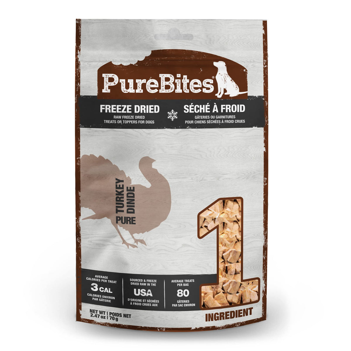 PureBites Dinde Séchée, ingrédient unique, récompense naturelle pour chien.