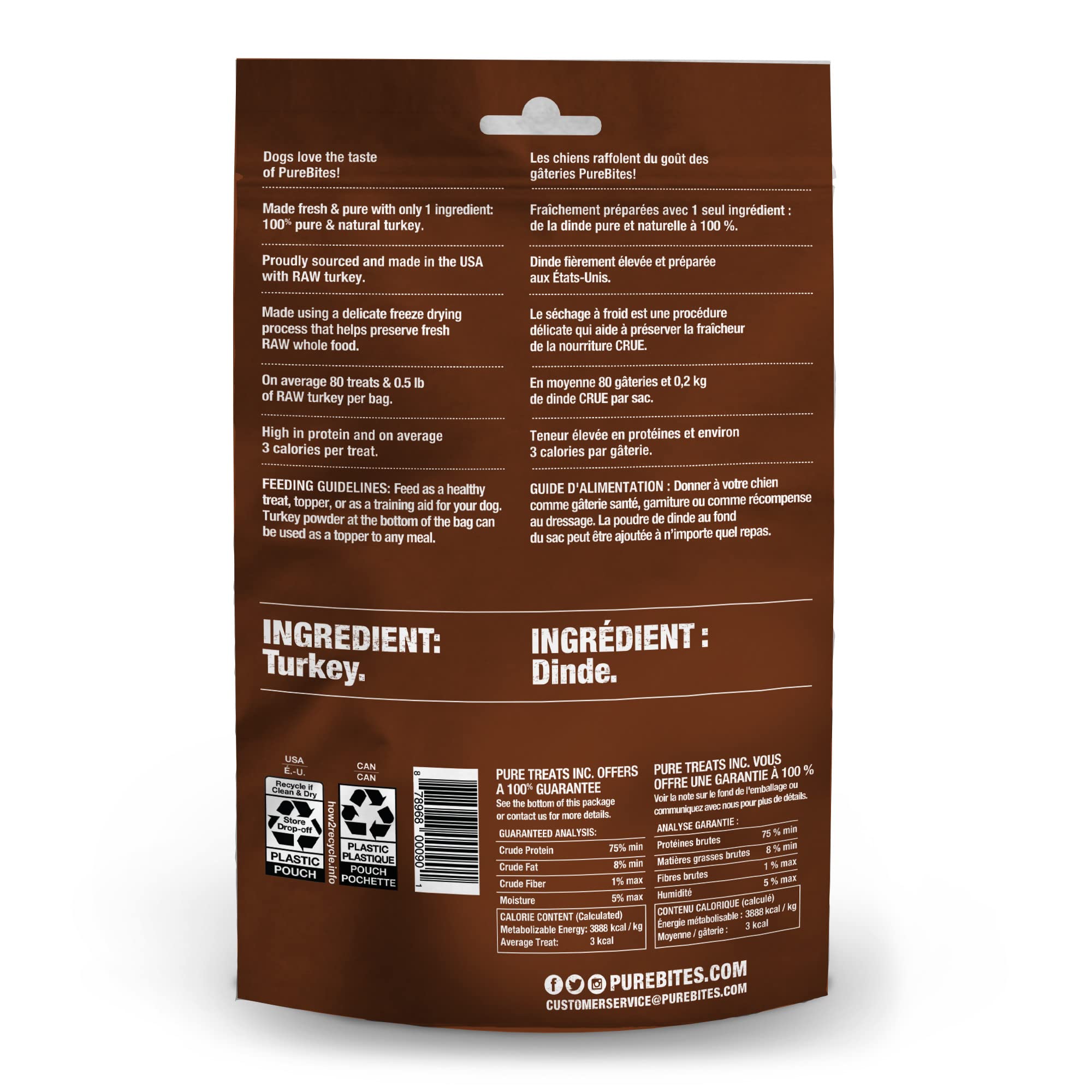 Sans additifs: PureBites Dinde Séchée pour chien.