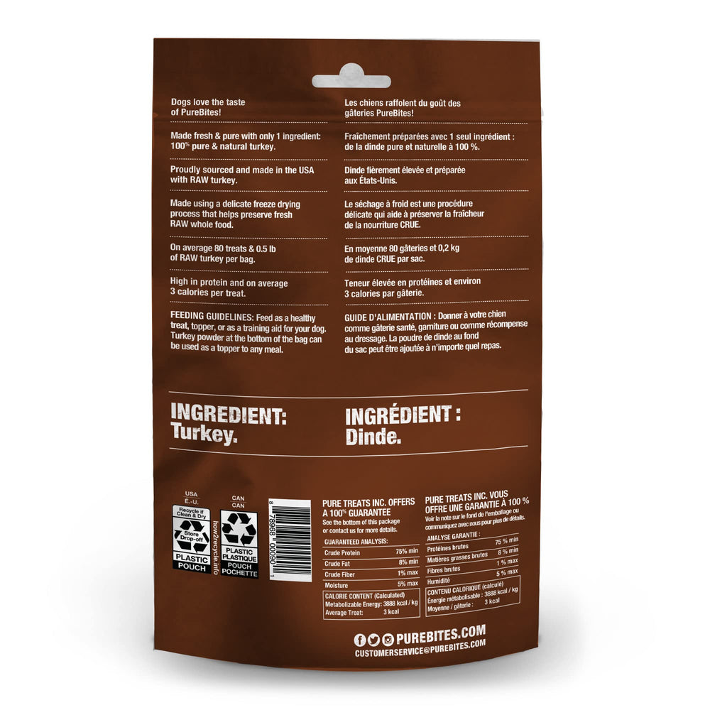 Sans additifs: PureBites Dinde Séchée pour chien.