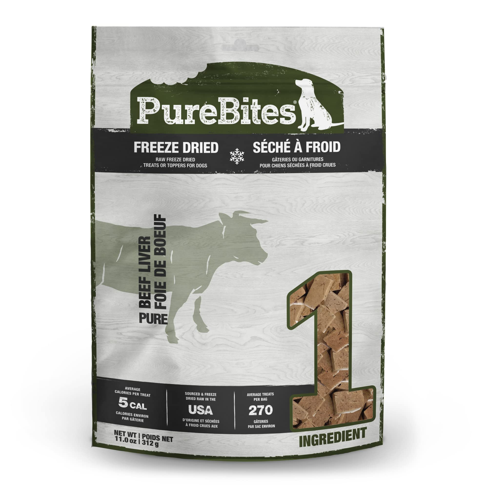 PureBites Foie de bœuf lyophilisé, friandise pour chien, emballage recyclable et pratique.