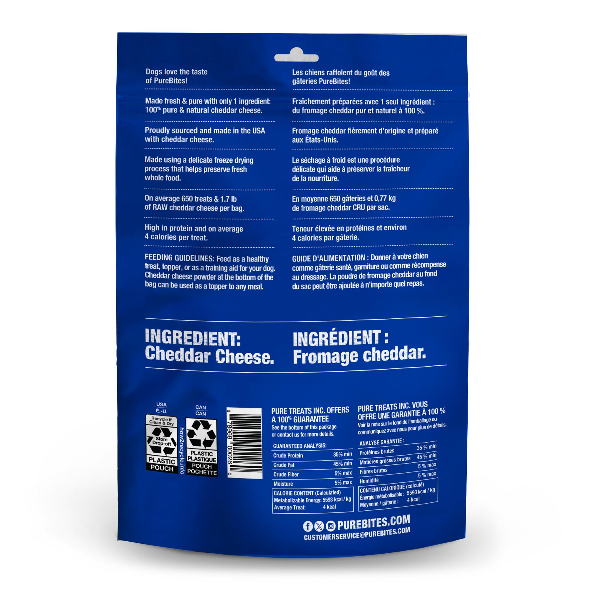 PureBites cheddar seche, ingrédient unique et transparent pour chien