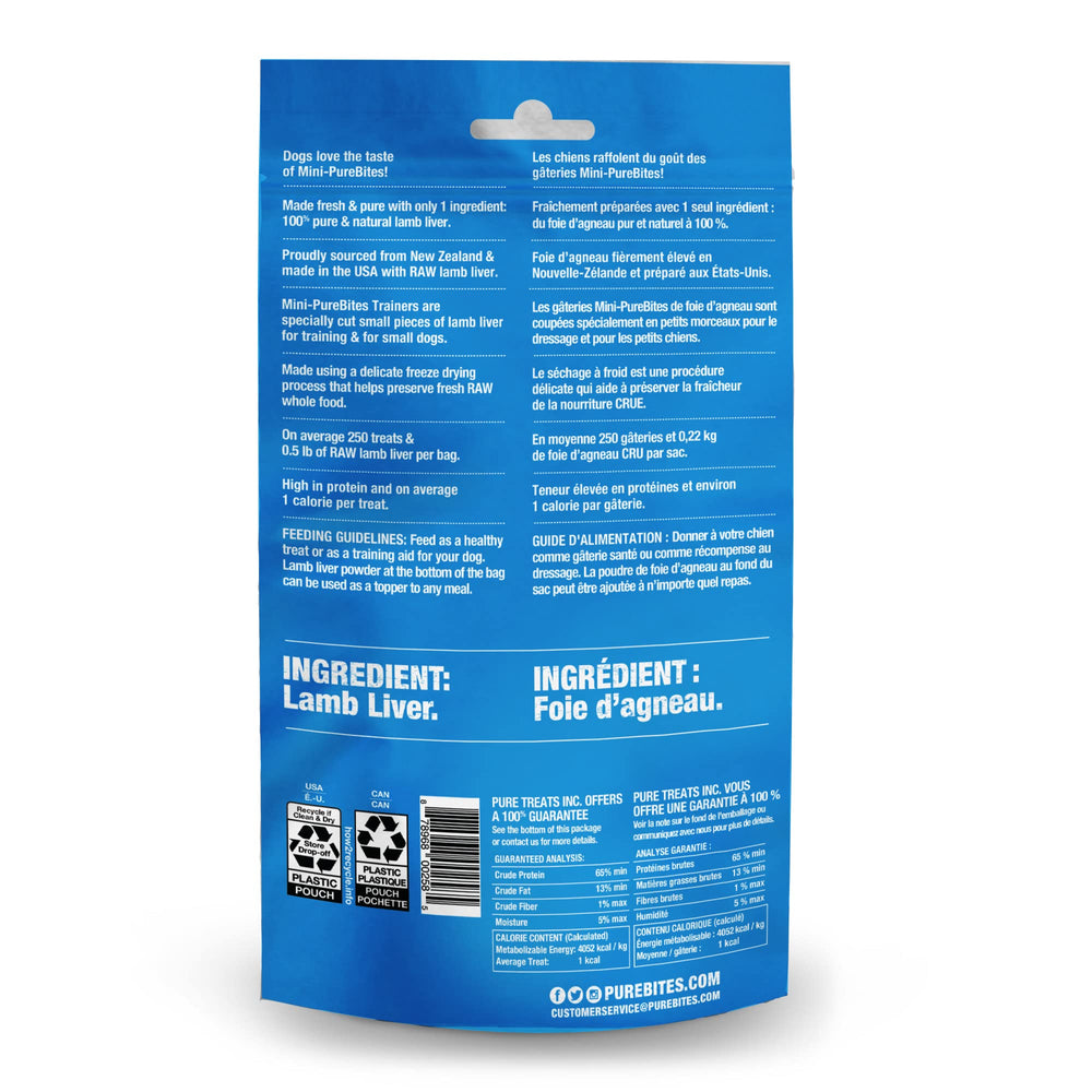 PureBites Mini Lamb Liver – petits morceaux parfaits pour l'entraînement.