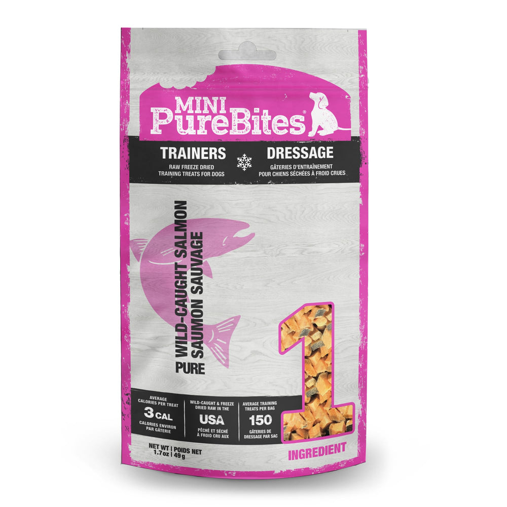 PureBites Mini Saumon Séché: bouchée protéinée prête à offrir.