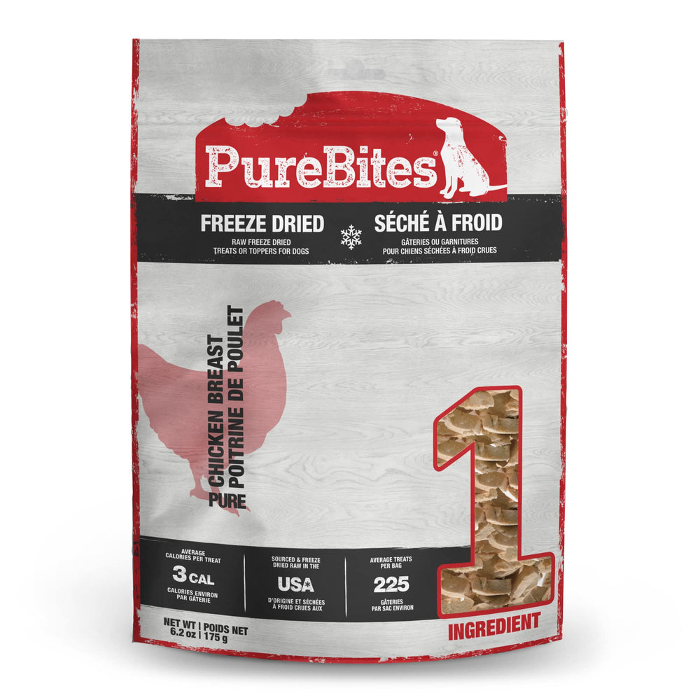 PureBites poitrine poulet lyophilisée en sachet, récompense saine et riche en protéines.