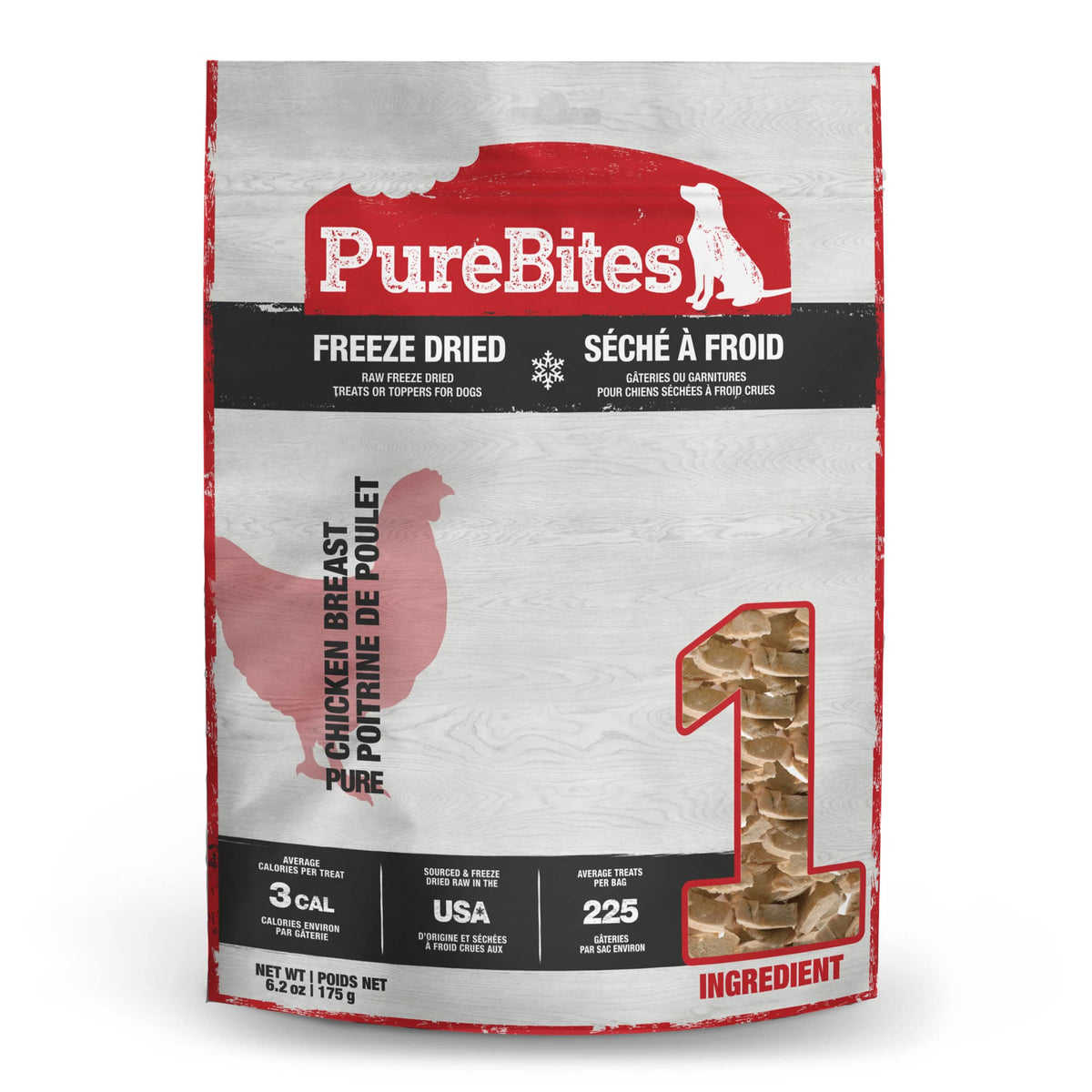 PureBites poitrine poulet lyophilisée en sachet, récompense saine et riche en protéines.