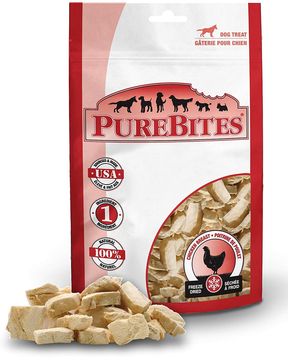 Friandise PureBites Poitrine de poulet lyophilisée, récompense protéinée pour chien.