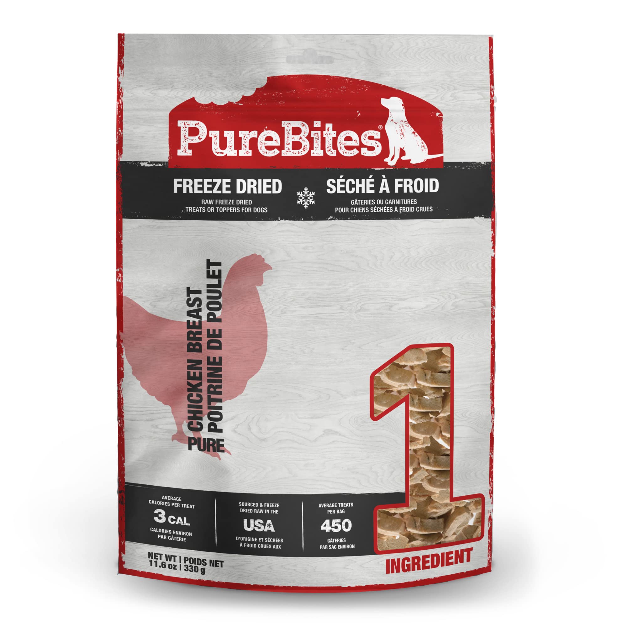 PureBites emballage friandises poulet séché, riches en protéines.