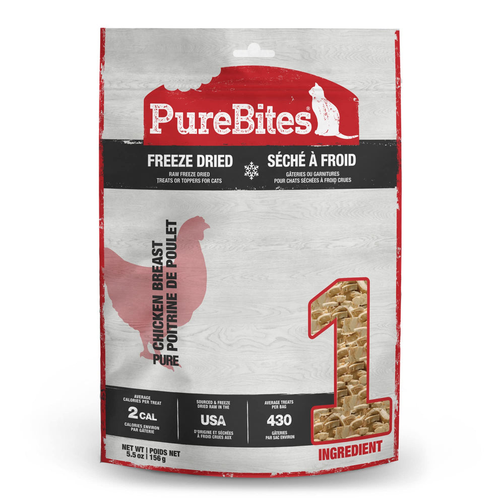 Sac PureBites lyophilisé pour chat, riche en protéines.