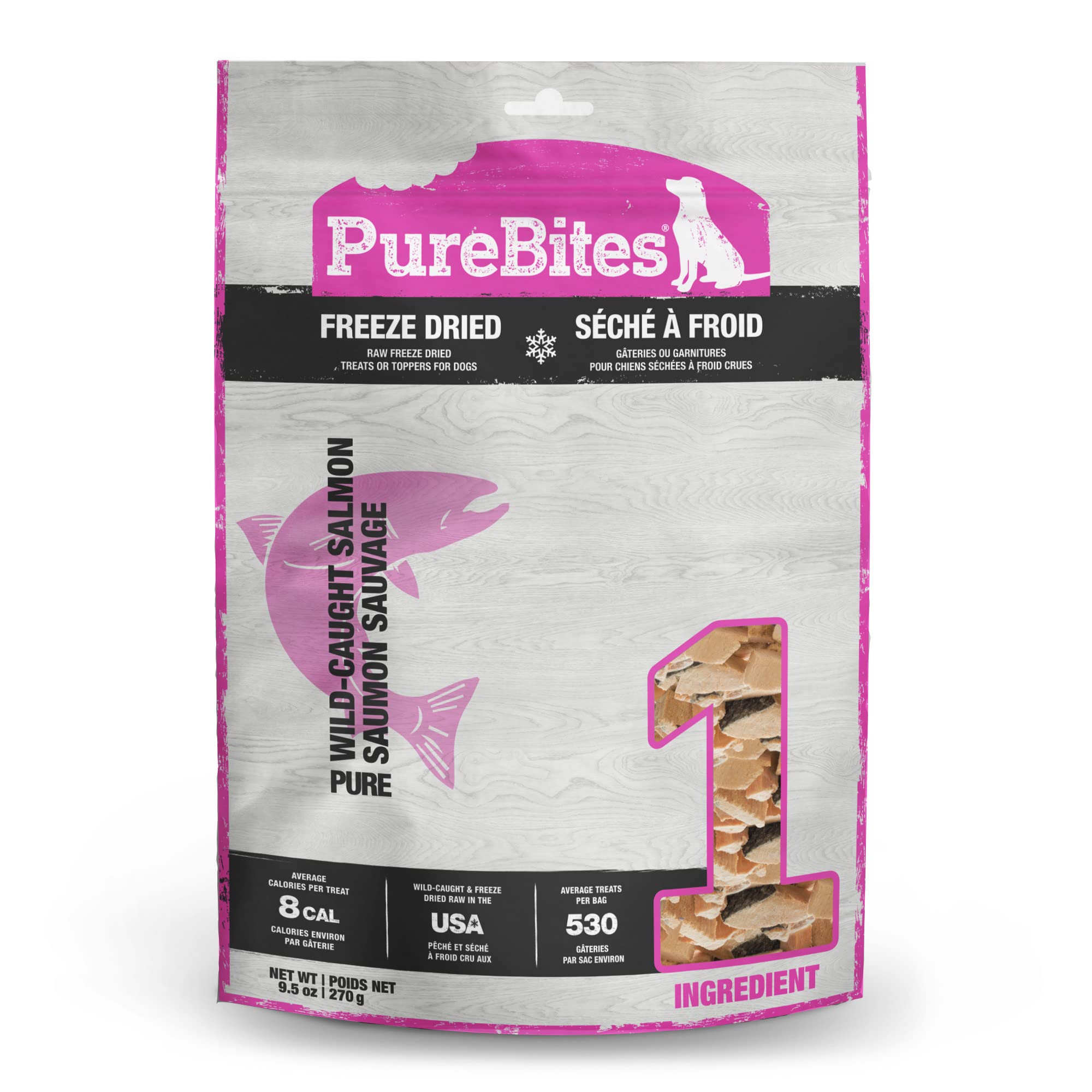 PureBites Saumon, emballage frontal, récompense naturelle prête à offrir.