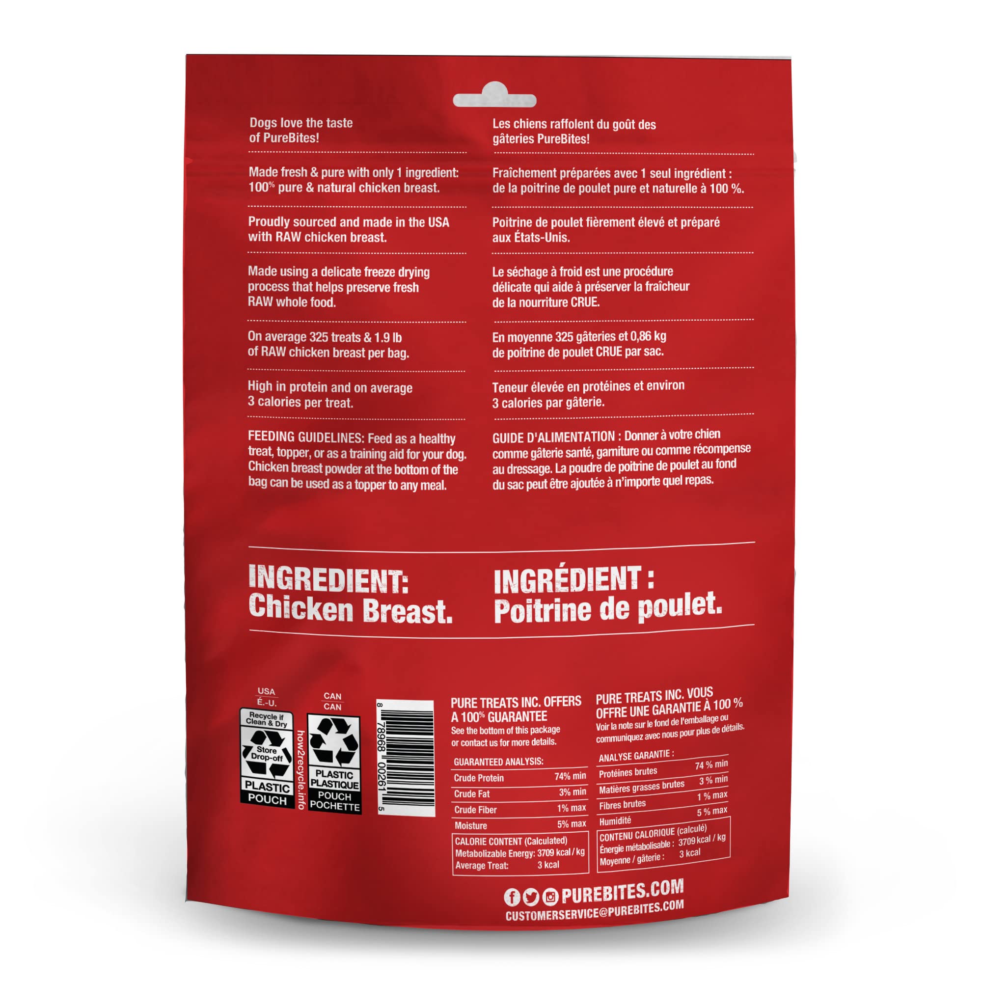 Tranches de poulet lyophilisé PureBites prêtes à offrir.