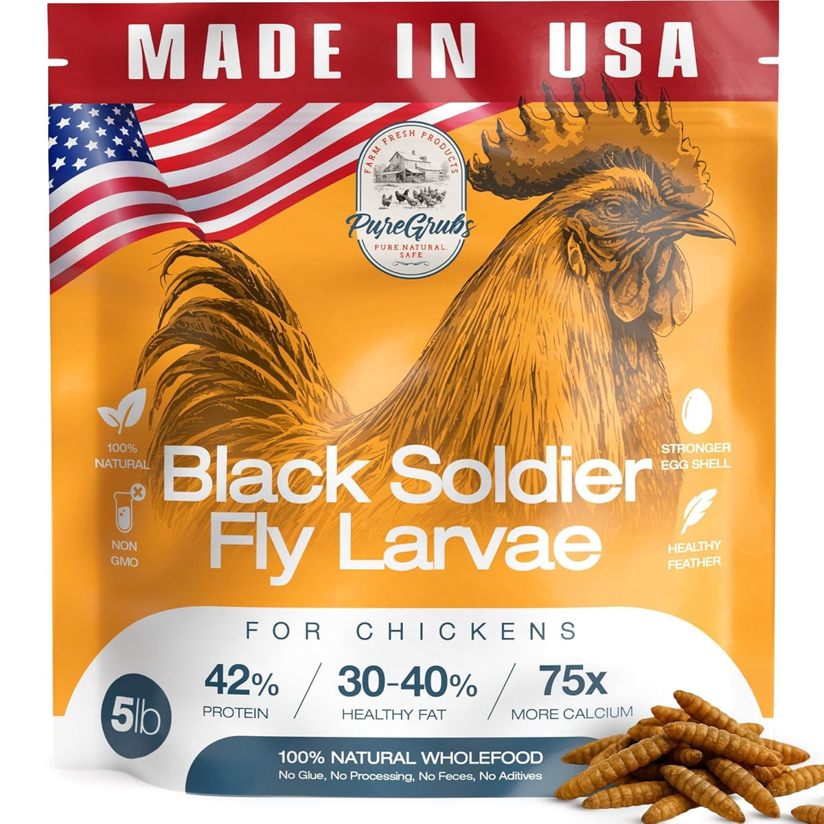 PureGrubs BSF larves emballage du produit pour l'alimentation naturelle des volailles.