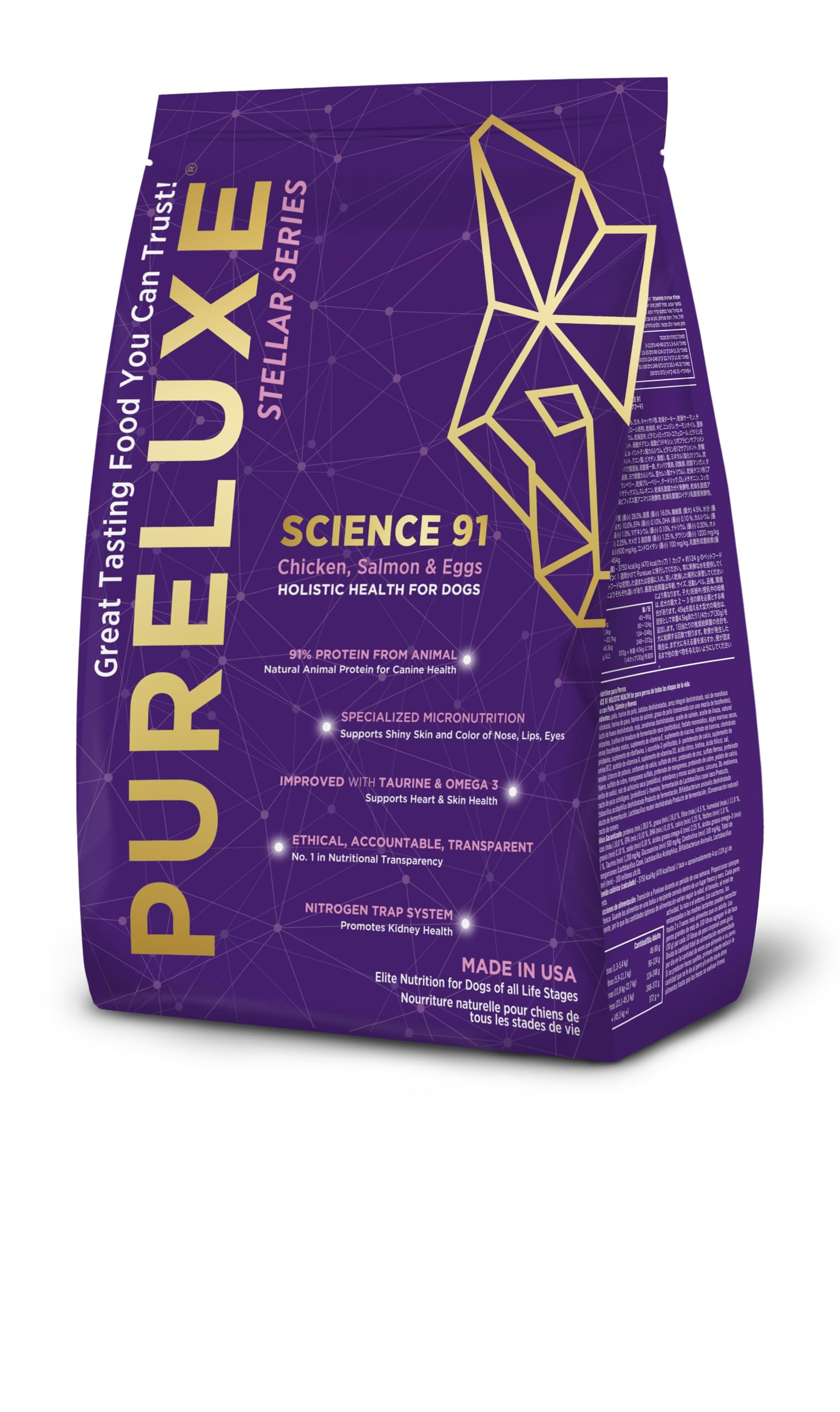 PURELUXE, sac croquettes sans gluten pour chien, pratique et équilibré.