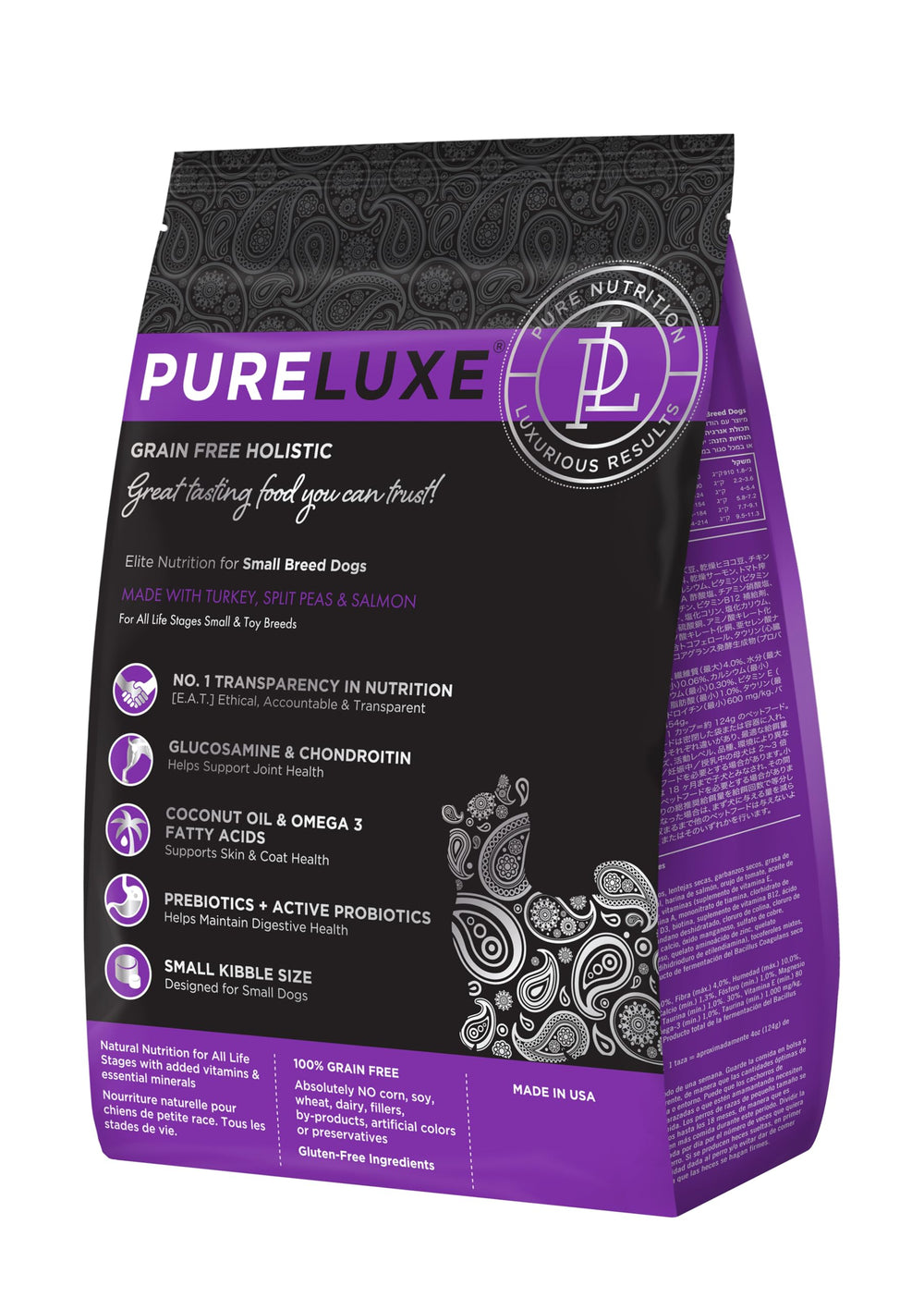 PureLuxe: croquettes pour petite race, dinde et saumon, énergie durable.