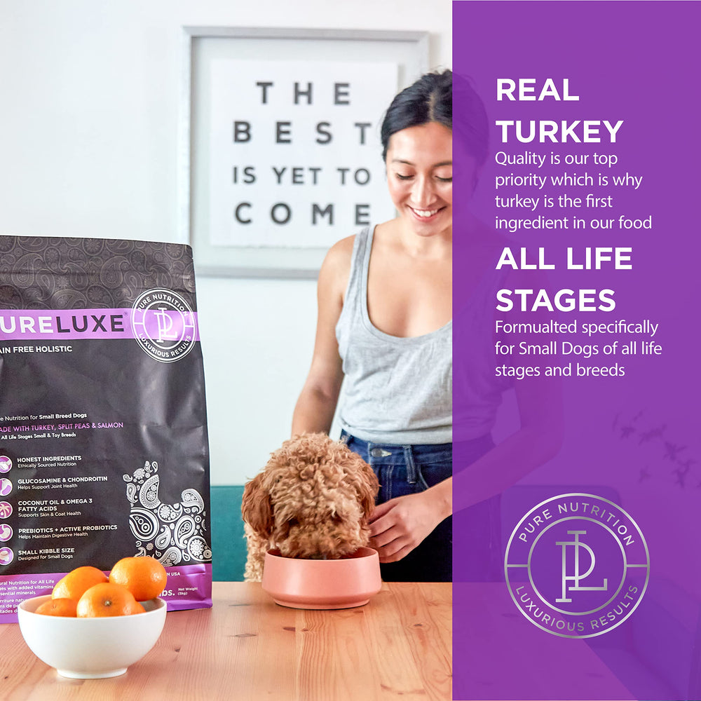 PureLuxe: croquettes sans céréales pour petite race, sans additifs.