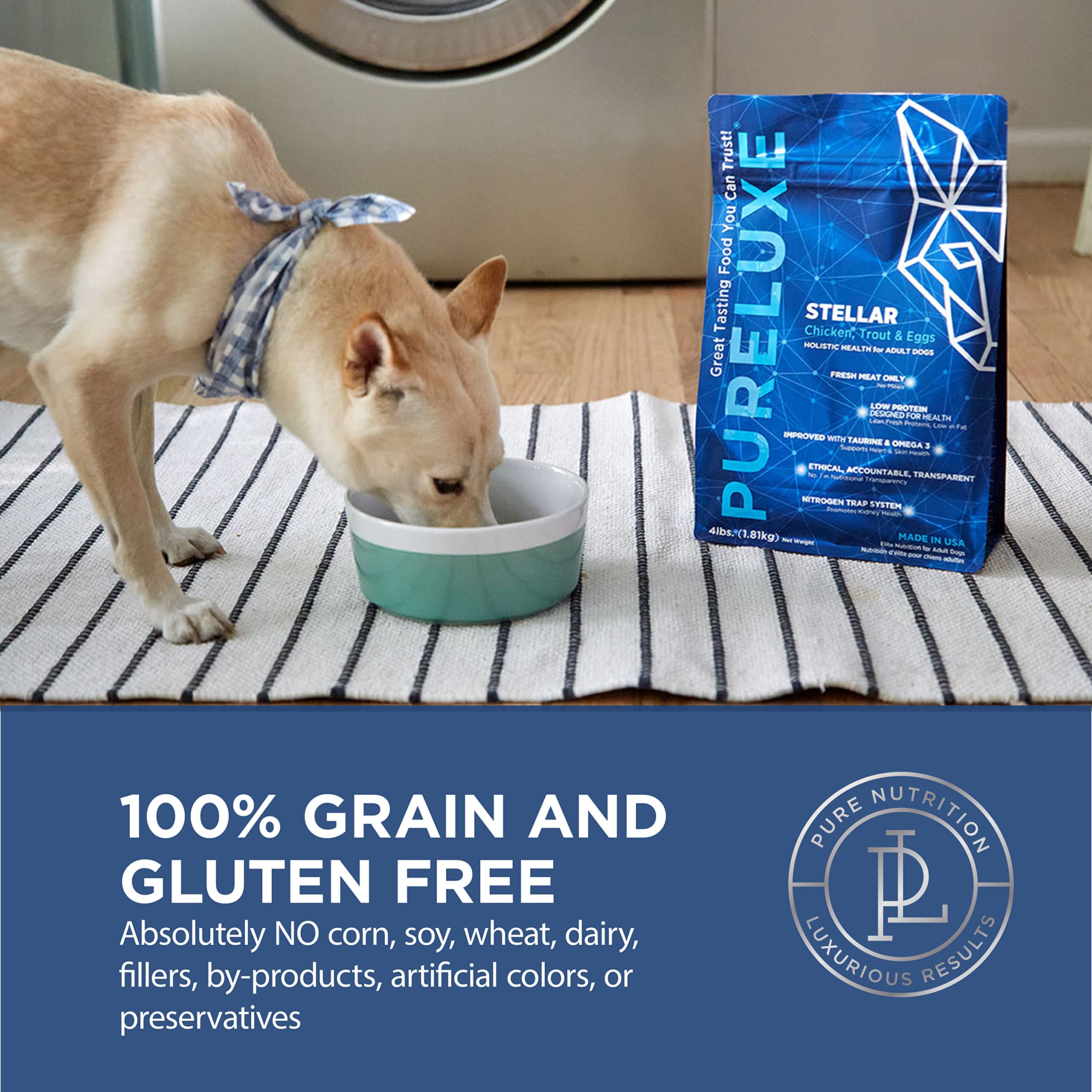 PURELUXE, emballage sans gluten pour chiens sensibles.