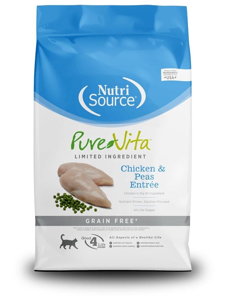 PureVita croquettes sans céréales au poulet et pois, nourriture pour chat pratique et savoureuse.