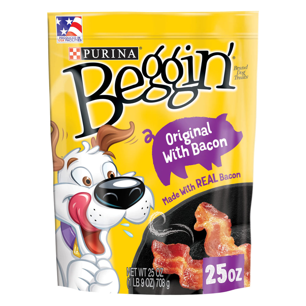Purina Beggin' Strips bacon, sachet pratique, récompense idéale lors de l'entraînement.