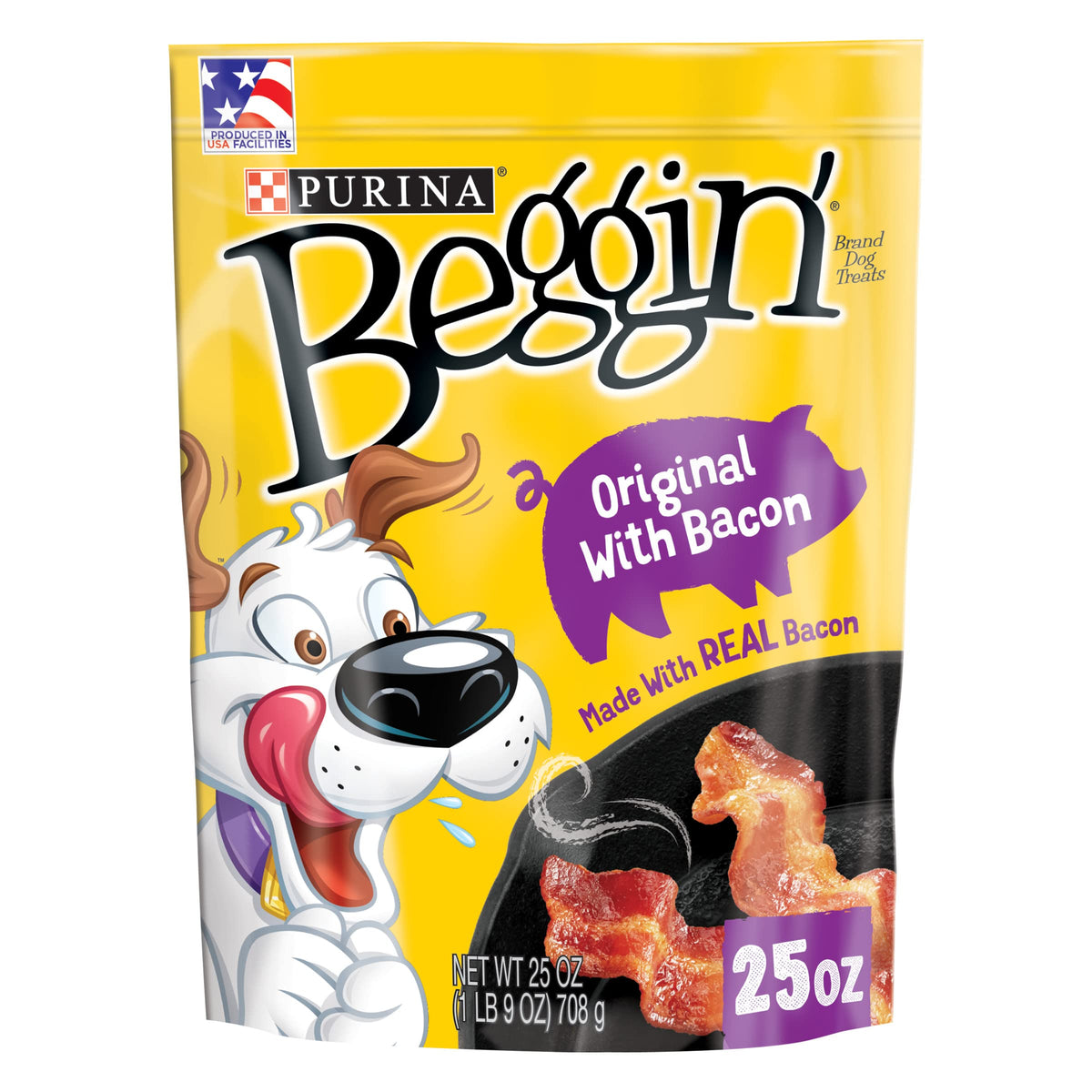 Purina Beggin' Strips bacon, sachet pratique, récompense idéale lors de l'entraînement.