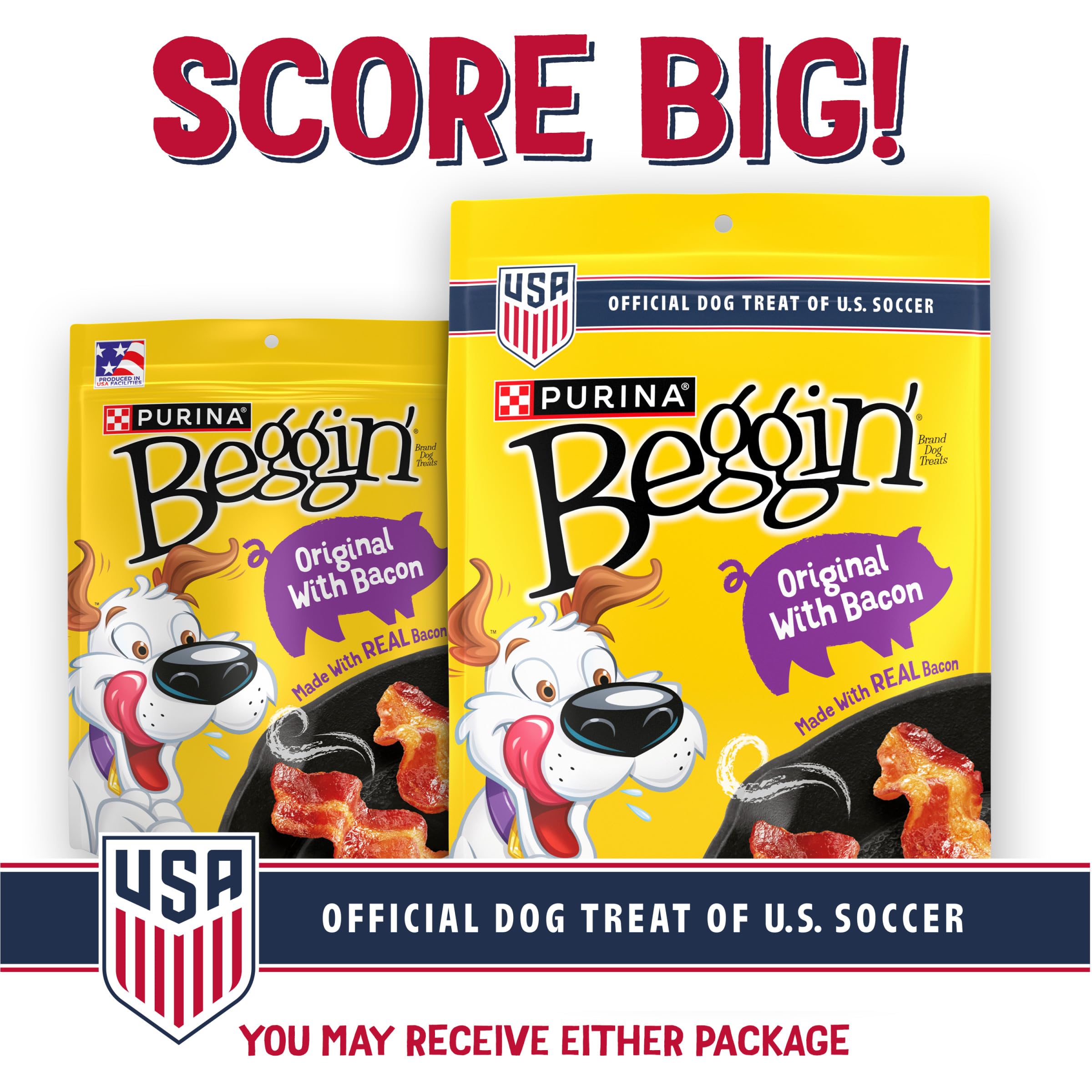 Purina Beggin' Strips avec viande réelle en premier ingrédient, goût bacon attractif pour votre chien.