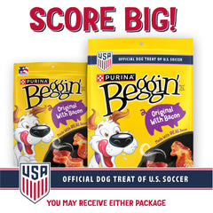 Purina Beggin' Strips avec viande réelle en premier ingrédient, goût bacon attractif pour votre chien.
