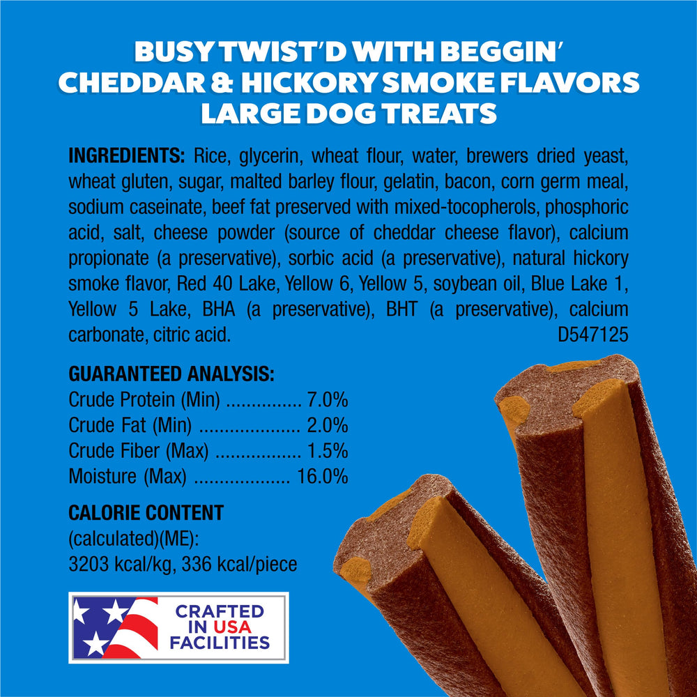 Arômes cheddar et Hickory Purina Busy Beggin’ Twist’d éveillant l’appétit.