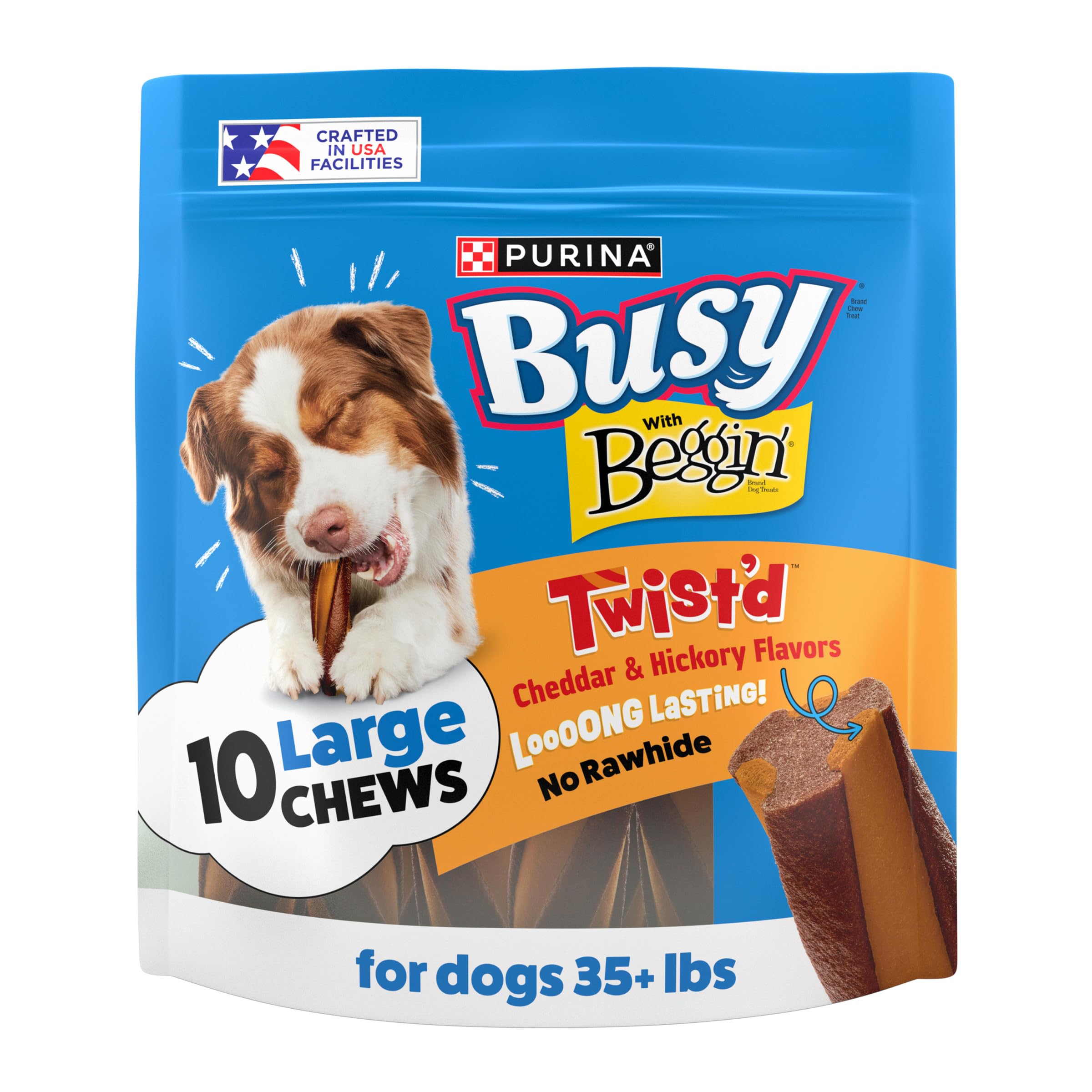 Emballage pratique Purina Busy Beggin’ Twist’d cheddar-hickory, snack prêt à emporter.