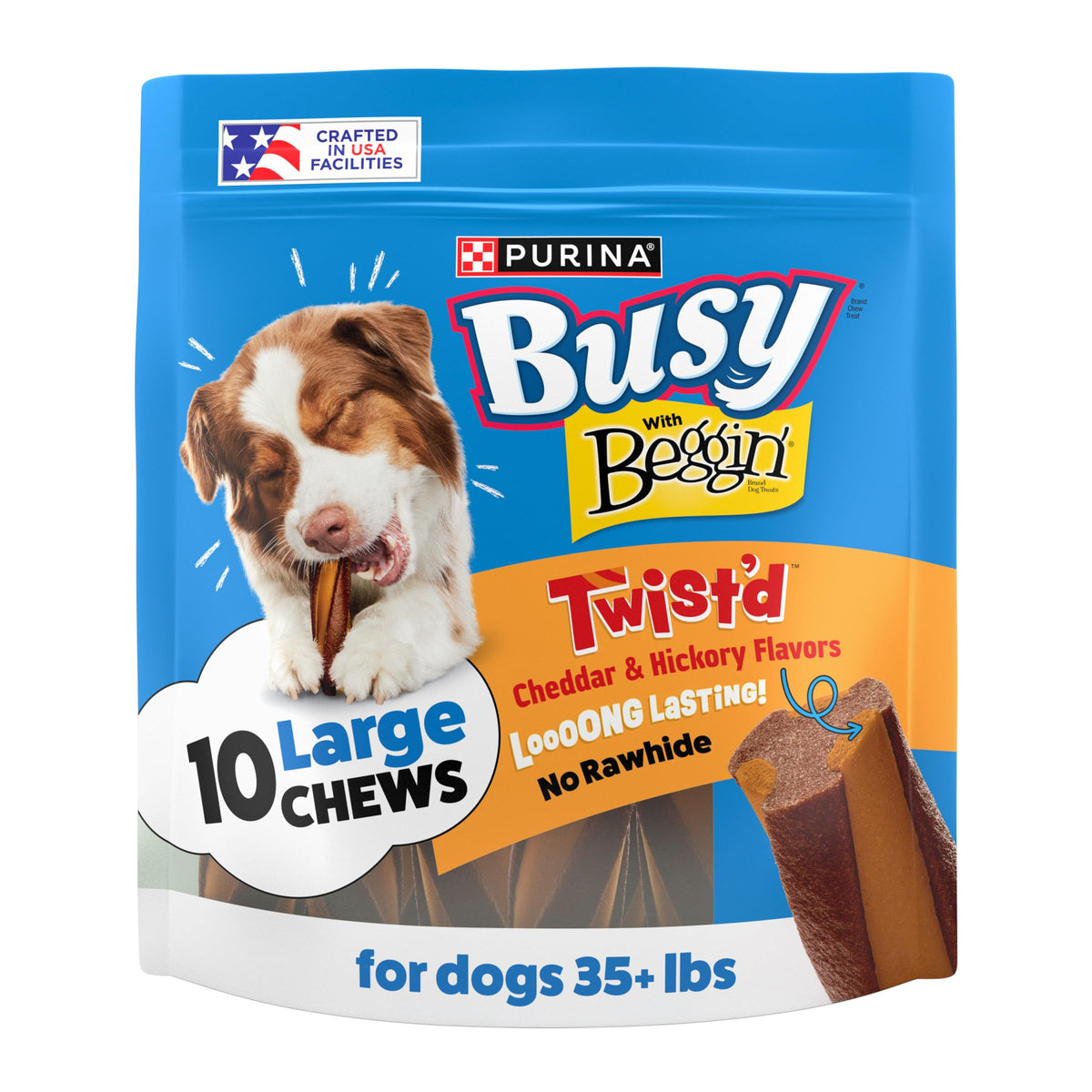 Emballage pratique Purina Busy Beggin’ Twist’d cheddar-hickory, snack prêt à emporter.