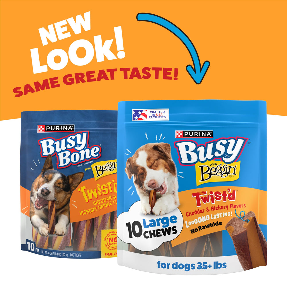 Moelle bacon-cheddar Purina Busy Beggin’ Twist’d, bouchée gourmande et appétissante.