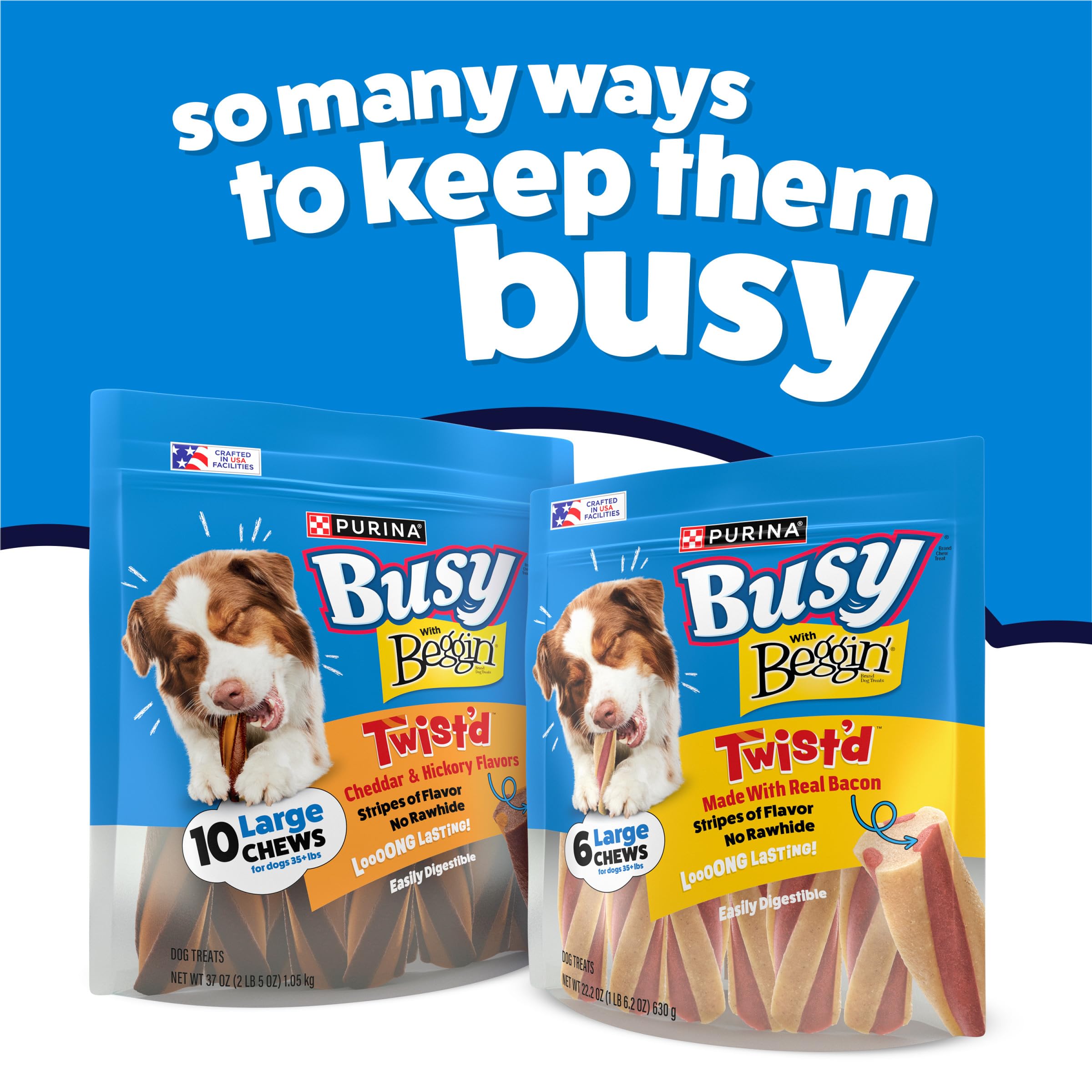 Fabriqué aux États‑Unis Purina Busy Beggin’ Twist’d, traçabilité assurée.