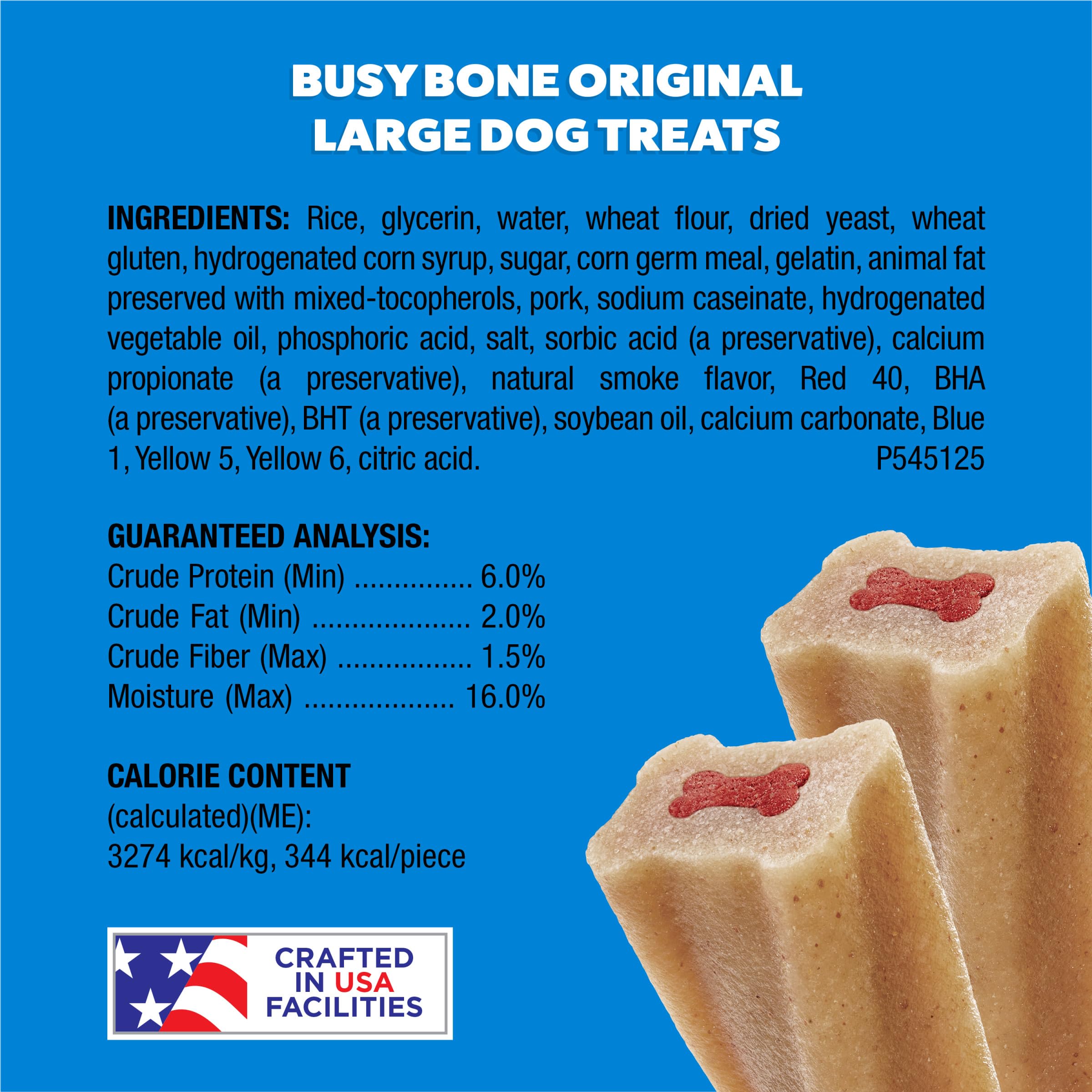 Fabriquée aux États‑Unis dans des installations Purina, Busy Bone Original garantit une traçabilité.
